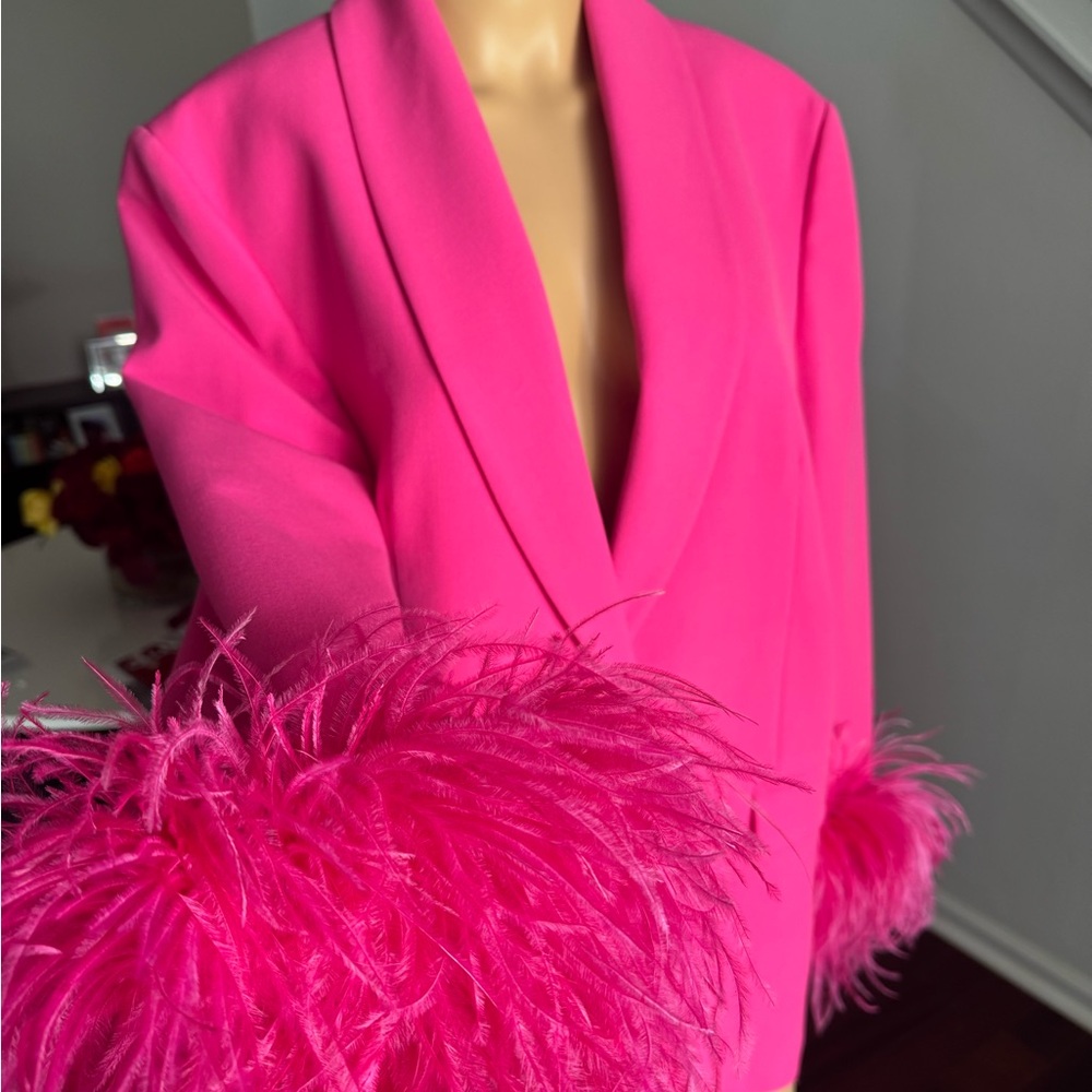 Viral Zara Hot Pink Feather Cuff Blazer Size Large - Picture 4 of 10
